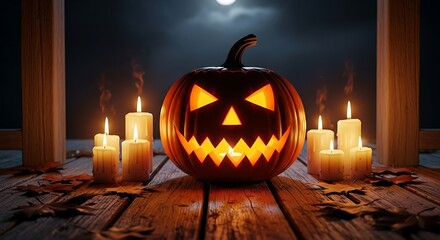 Spooktacular Halloween Pumpkin Decoration with Flickering Candles, Autumn Leaves, and a Full Moon Backdrop for Enchanting Fall Celebrations and Festive Display Ideas