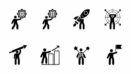 Black stick figures depicting business concepts such as goal setting and growth in various positions silhouette