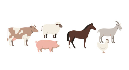 Farm Animals Illustration Set, Including Cow, Pig, Sheep, Horse, Goat and Chicken Ideal for Educational Resources, Children's Books, and Agricultural Presentations
