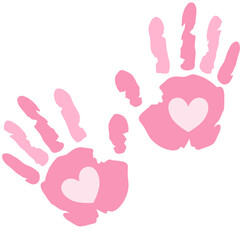 Adorable pink handprints with heart shapes inside, a sweet illustration for a baby girl's announcement or shower invitation.