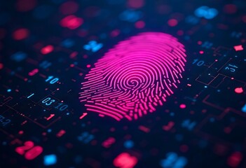 Colorful fingerprint pattern glowing with neon binary code, symbolizing biometric security, identity, encryption, and futuristic technology. Modern abstract digital artwork combining science.