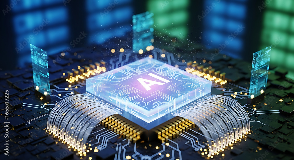 Poster close up of a glowing ai chip on a circuit board with blue and green lighting in the background ai g