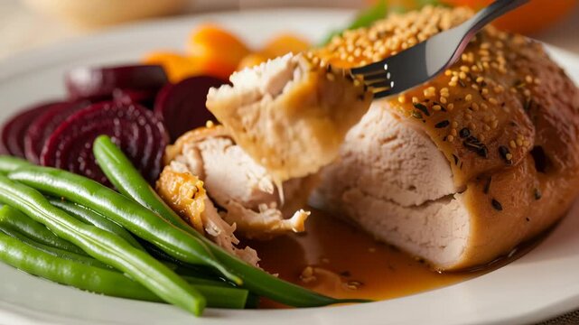 Fork Slicing Roasted Chicken Breast with Green Beans Beets and Carrots Served on a White Plate Under Warm Light