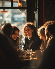 Group of happy young adults spending leisure time together in cozy cafe, enjoying conversation and laughter over coffee and snacks, bathed in warm sunlight