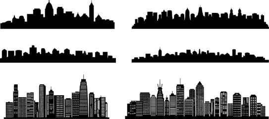 Obraz premium Collection of diverse black silhouettes of city skylines against a white background