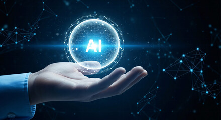 A white hand holding a sphere with the letters AI inside, dark blue background, the concept of Artificial Intelligence (AI) and its connection to global technology and data. 