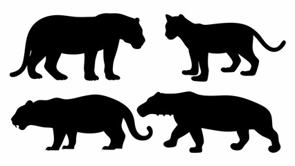 Naklejka premium Silhouettes of four different feline animals including tigers and a mountain lion in black color