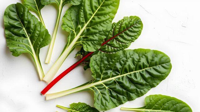 Fresh Green and Red Swiss Chard Leaves Displayed on Clean White Surface