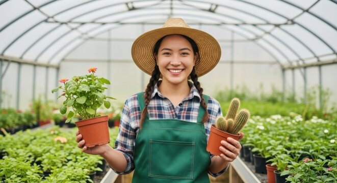 Smiling Gardener Proudly Displays Plants in Greenhouse - Powered by Adobe