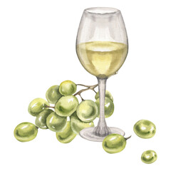 Green ripe grapes bunch and glass with white wine watercolor illustration. Hand drawn summer composition with Italian traditional beverage and fruits, grapevine and alcohol drink for menu,card,poster
