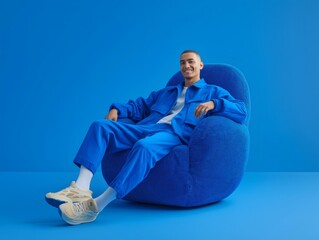 Fashionable man dressed in blue clothing and beige sneakers, sitting comfortably on a blue armchair in a vibrant blue monochrome room, smiling brightly while looking at the camera