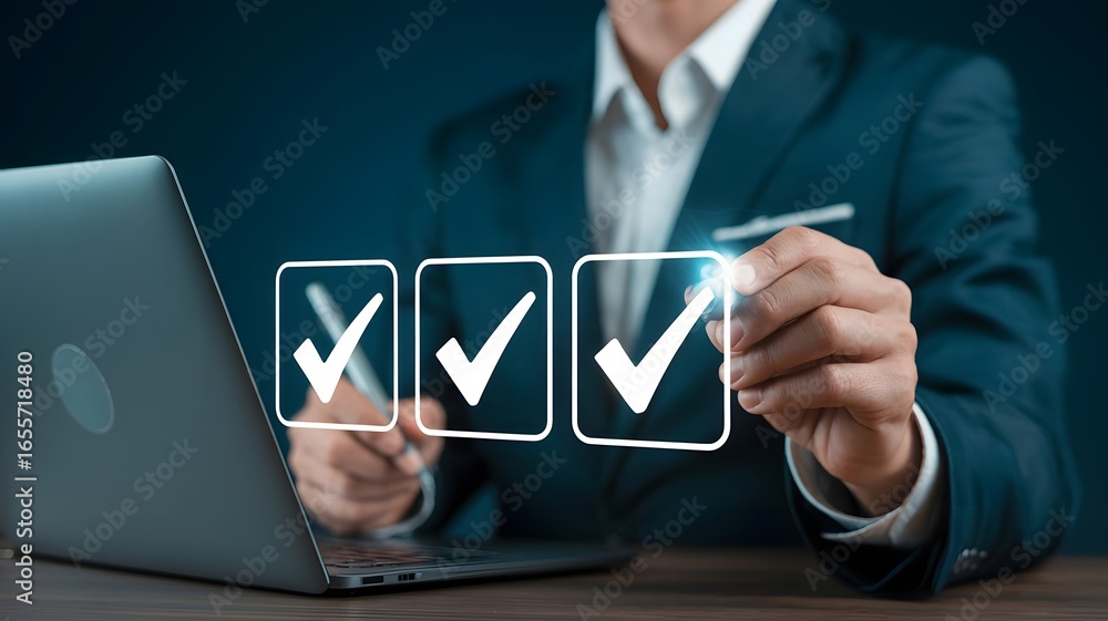 Aufkleber document review and quality control process concept. person using laptop with document and checkmark