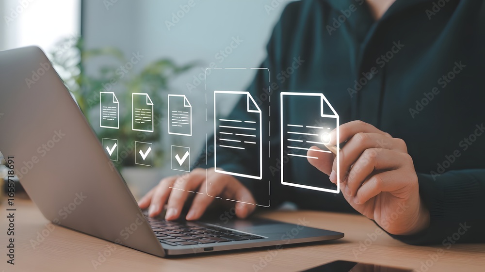 Poster document review and quality control process concept. person using laptop with document and checkmark