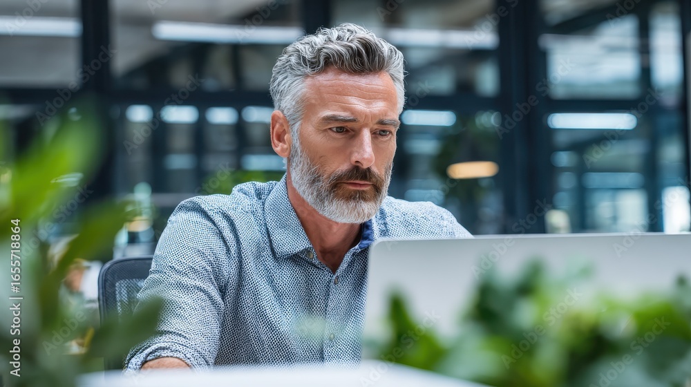 Poster focused middle aged business man typing on computer working in modern office serious busy male manag