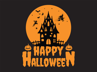 Happy halloween haunted house with witch and moon on black background