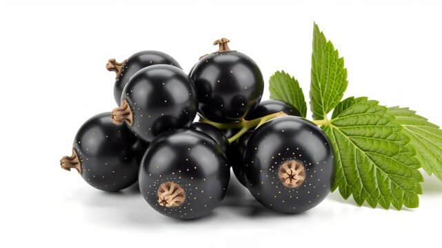 Glossy Black Currants with Vibrant Green Leaf on White Backdrop