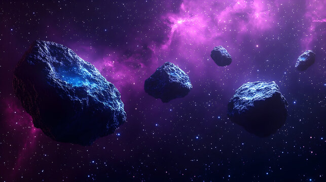 Asteroids float in a purple nebula, the largest one glows with b