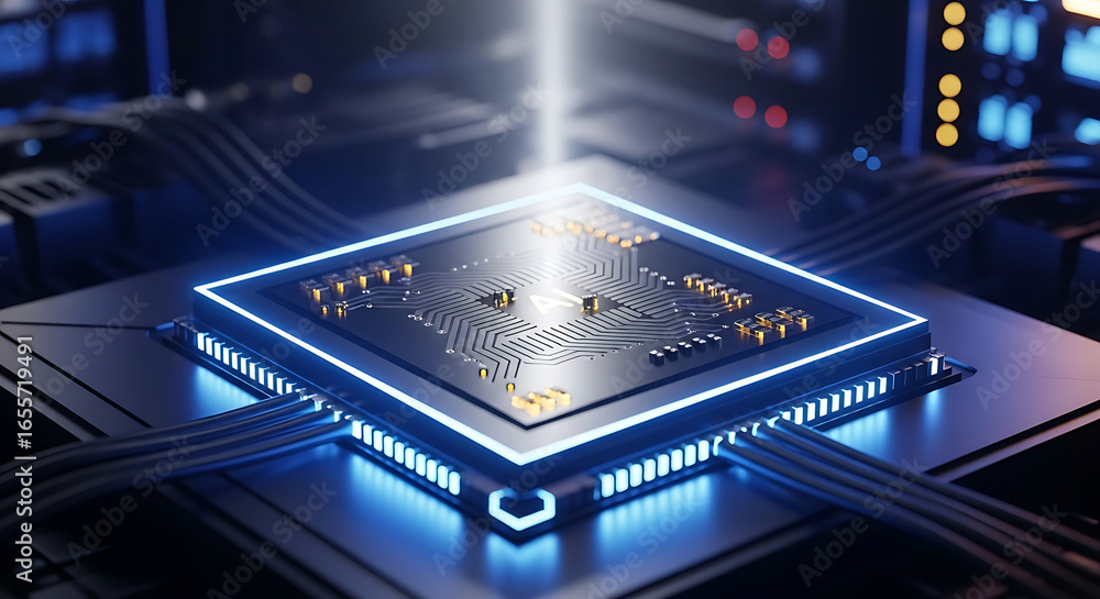 Aufkleber close up view of a glowing cpu with intricate circuit patterns and bright blue led lighting around i