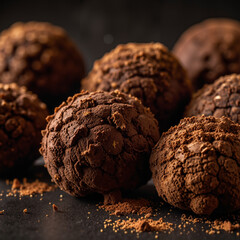 Fototapeta premium Homemade chocolate truffles dusted with cocoa powder on a dark surface