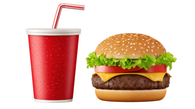 Cheeseburger with lettuce and tomato isolated on transparent background with red drink cup