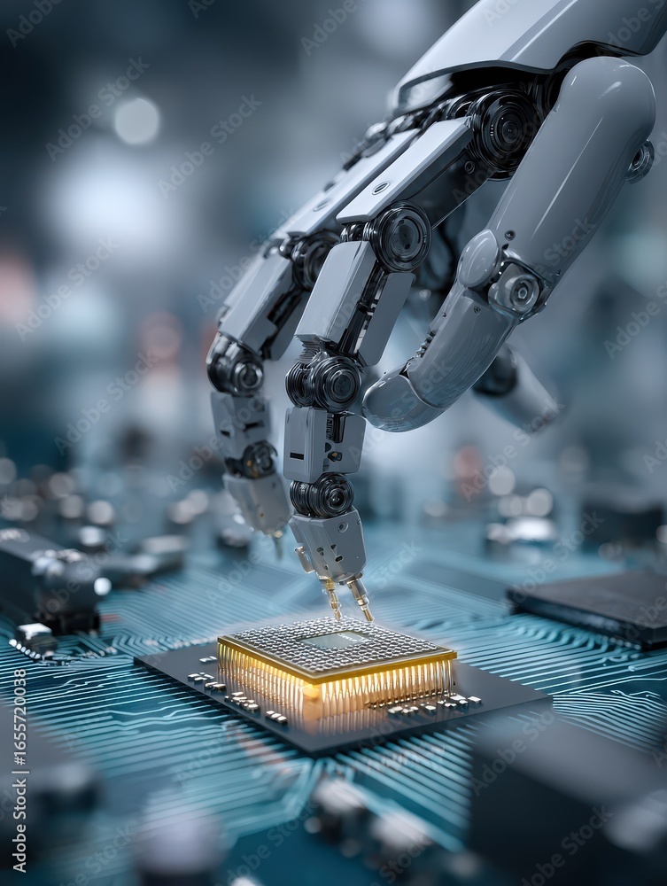 Poster a futuristic scene of an advanced robotic arm delicately positioning a microchip onto a circuit boar