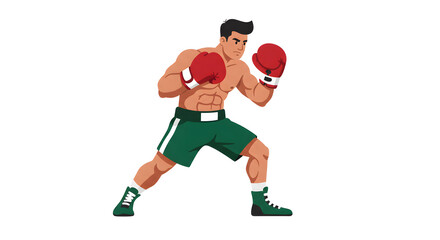 A male boxer in a fighting stance, wearing red boxing gloves and green shorts, isolated on a white background, ready for a boxing match