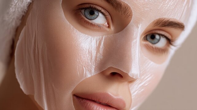 Wellness skincare scene: face wearing sheet mask, front angle