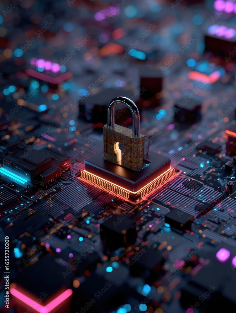 Aufkleber cyber security concept with padlock on computer chip boards in neon lights in virtual cyber world co