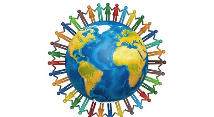 Diverse group of people holding hands in a circle around the earth, symbolizing global unity and connection