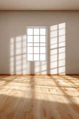 Fototapeta premium Sunlit room with wooden floor and large window