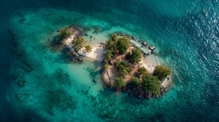 Fototapeta premium A small island with palm trees and white sand in the middle of clear ocean waters.