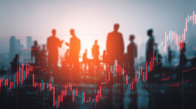 stock market business and trading concept with digital screen with financial chart graphs and candlestick and group of people in office at sunset double exposure no logos no brands ar 169