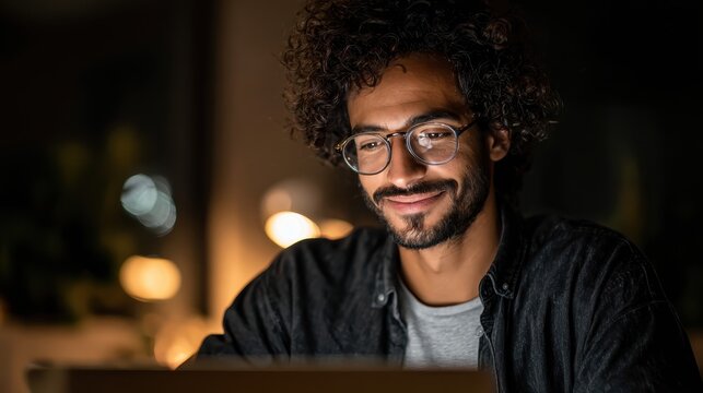 smiling young curly indian latin ethnic business man or student wearing glasses remote working overtime learning online late at night at home or in dark office using laptop computer at workplace no l - Powered by Adobe
