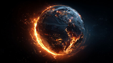 Planet Earth engulfed in flames, floating in dark space. Symbolizing global crisis.