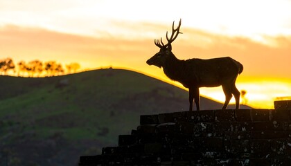 Silhouette of a deer stands majestic against a golden sunrise over rolling hills.