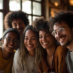 Fototapeta premium Five cheerful young multi ethnic friends are enjoying their time together, laughing and smiling in a cozy cafe, creating a warm and joyful atmosphere