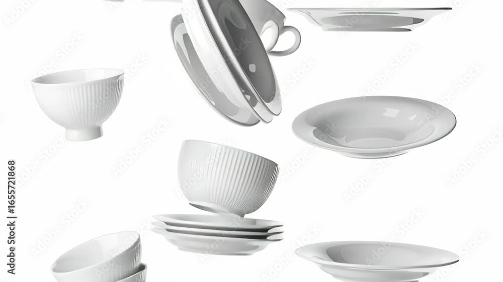 Poster levitating array of white tableware dishes and bowls isolated against white background