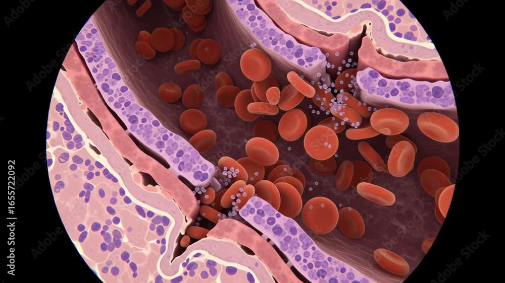 Aufkleber microscopic view of blood cells flowing through vessel showing intricate cellular details and anatom