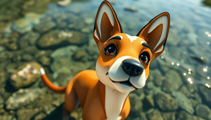 Cartoon Dog in Clear Stream Looking Up with Brown Pebbles
