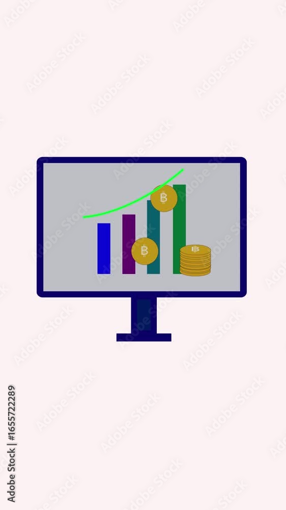 Poster financial success visualized on computer with upward graph vertical video. financial growth illustra