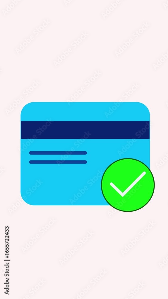 Poster approved credit card transaction with animated check mark vertical video. digital credit card approv