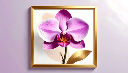 Detailed illustration of a vibrant purple orchid in a gold frame.
