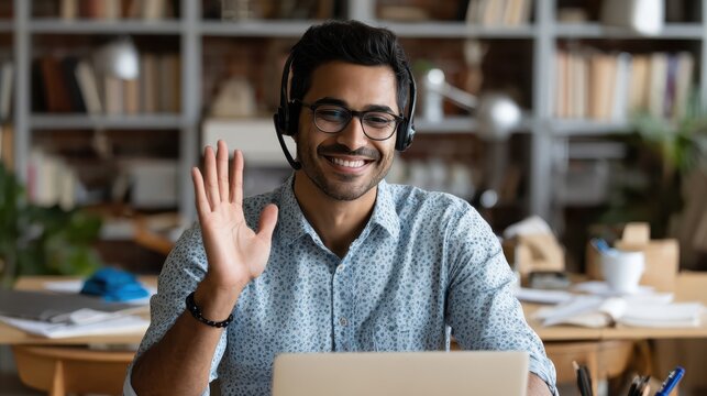 happy indian business man remote teacher customer support manager wearing headset talking at virtual meeting consulting client on video call giving distance learning class at home office call center 