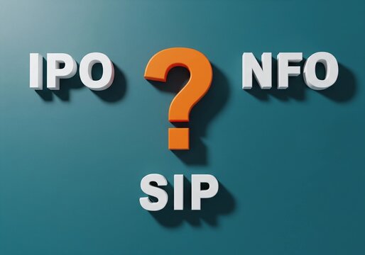 Navigating Investment IPO, NFO, SIP Decisions with Question Marks and Blue Backdrop