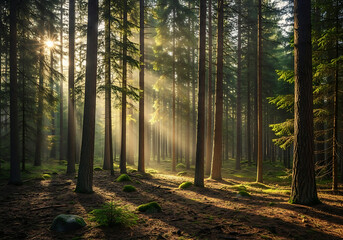Obraz premium Panoramic View of Dense Pine Forest with Morning Light