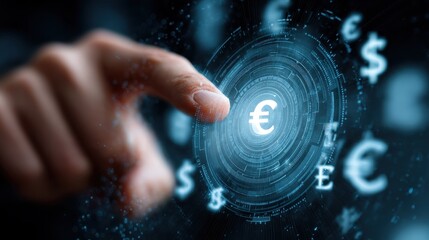 online banking and digital money concept with man finger on virtual touch screen interface with central bank layout surrounded currency signs dollar euro ruble and yen on abstract background no logos