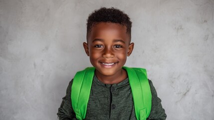 smiling african american school boy with backpack looking at camera cheerful black kid wearing green backpack with a big smile elementary and primary school education no logos no brands ar 169