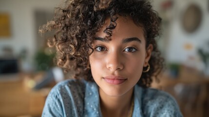 teenage mixed race girl high school student distance e learning group online class at home looking at camera video conference call remote class course virtual digital education headshot portrait no l