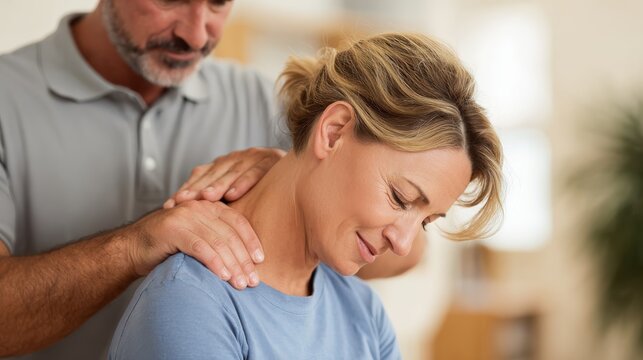 physiotherapist helping patient with pain of neck no logos no brands ar 169 - Powered by Adobe