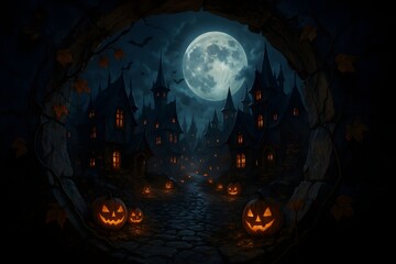 Fototapeta premium Spooky Halloween Village at Night with Pumpkins and Full Moon
